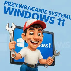 Uśmiechnięty majster z kluczami w rękach, gotowy do przywracania systemu Windows 11.