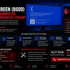 Niebieski ekran Windows 10 (BSOD) z komunikatem o błędzie. Obraz przedstawia komputer z widocznym niebieskim ekranem, ikonami przyczyn BSOD i poradami.