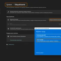 Panel sterowania Windows 11: opcje odzyskiwania. Wybierz "Usuń wszystko", aby usunąć pliki osobiste, aplikacje i ustawienia.