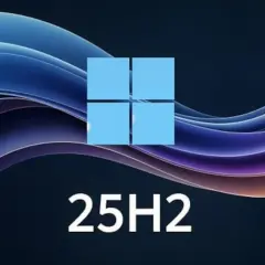 Logo Windows 11 25H2 na tle falujących, abstrakcyjnych kształtów w odcieniach niebieskiego i fioletu.