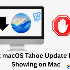 Ikona pobierania i logo macOS Tahoe 26 na ekranie komputera, obok znaku stop. Rozwiąż problem z aktualizacją macOS Tahoe.