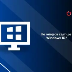 Ikona komputera z logo Windows i tekst "Ile miejsca zajmuje Windows 10?". Sprawdź wymagania systemu.