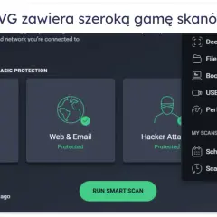 Interfejs programu avast free oferuje różne opcje skanowania, w tym skanowanie głębokie, plików, podczas rozruchu, USB/DVD oraz optymalizację.
