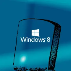 Logo Windows 8 na tle gradientu niebieskiego. Stylizowana, czarna ramka z ozdobnymi wzorami otacza logo.