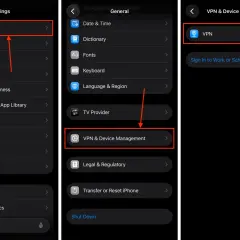 Ekran iPhone z ustawieniami: General, VPN & Device Management. Aktualizacja iPhone może wymagać sprawdzenia tych opcji.