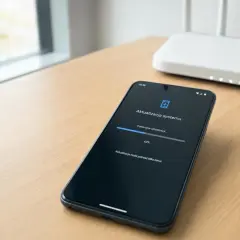 Telefon z ekranem pokazującym pobieranie aktualizacji systemu Android. Proces trwa, 42% pobrano.