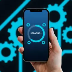 Dłoń trzyma smartfon z ekranem pokazującym postęp aktualizacji do **android 11**. W tle niebieskie koła zębate.