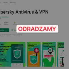 Kaspersky Antivirus & VPN na telefon, z ikoną zielonego K. Ostrzeżenie "ODRADZAMY" na czerwonym tle.