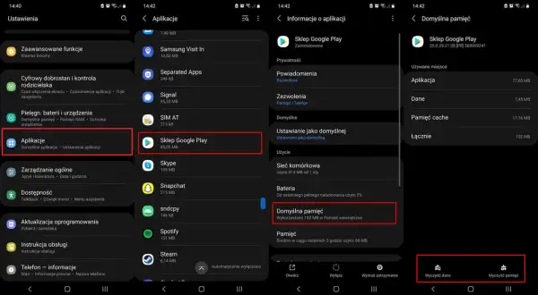 Ekran ustawień telefonu z zaznaczonym "Sklep Play" i opcją "Domyślna pamięć", sugerującą potrzebę aktualizacji lub czyszczenia pamięci podręcznej.