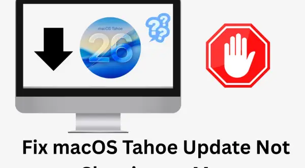Ikona pobierania i logo macOS Tahoe 26 na ekranie komputera, obok znaku stop. Rozwiąż problem z aktualizacją macOS Tahoe.