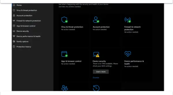 Interfejs Windows Defender pokazuje status ochrony: wirusów, kont, zapory sieciowej, aplikacji, urządzeń i ich wydajności. Wszystko działa poprawnie.