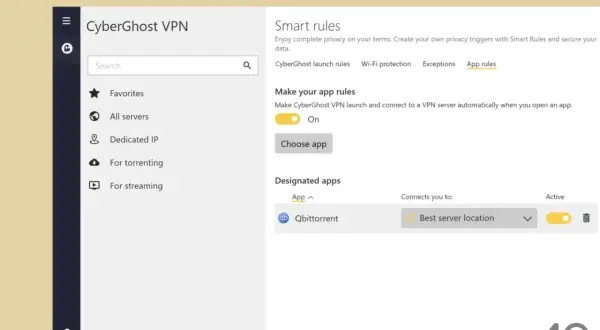 Ustawienia "App rules" w CyberGhost VPN. Możesz skonfigurować automatyczne połączenie z VPN dla konkretnych aplikacji, np. Qbittorrent.