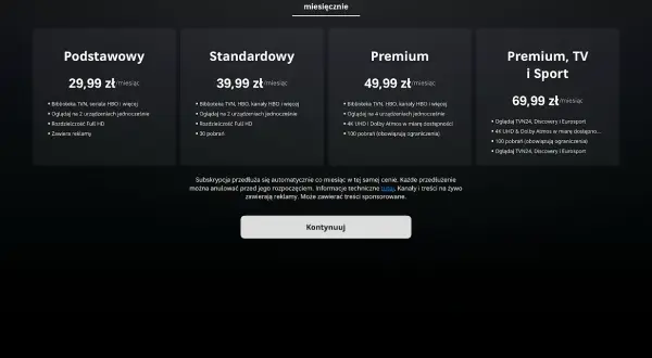 Porównanie pakietów HBO: Podstawowy (29,99 zł/miesiąc), Standardowy (39,99 zł/miesiąc), Premium (49,99 zł/miesiąc) i Premium, TV i Sport (69,99 zł/miesiąc).