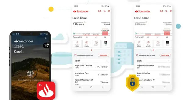 Santander BLIK na telefonie Karola. Widok aplikacji bankowej z saldem, wydatkami i opcją BLIK.