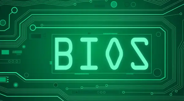 Zielona płyta główna z napisem BIOS. Aktualizacja BIOSu to ważny proces.