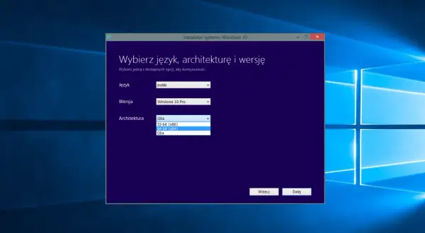 Instalator systemu Windows 10 pozwala wybrać język polski, wersję Pro i architekturę 64-bit.