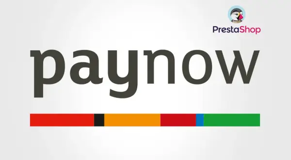 Paynow co to? Logo PrestaShop z napisem "paynow" i kolorowym paskiem.