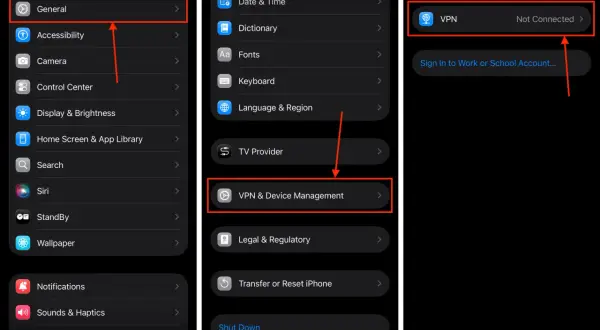 Ekran iPhone z ustawieniami: General, VPN & Device Management. Aktualizacja iPhone może wymagać sprawdzenia tych opcji.