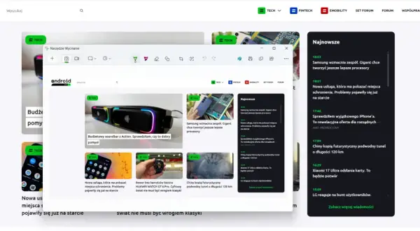 Narzędzie Wycinanie Windows 11 na ekranie z artykułami technologicznymi.
