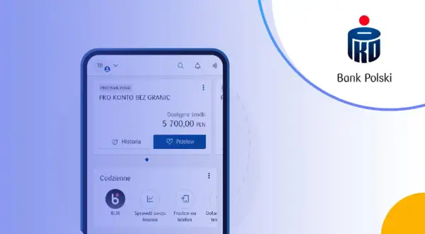 Aplikacja mobilna PKO Bank Polski z widokiem konta "PKO KONTO BEZ GRANIC" i dostępnymi środkami 5 700,00 PLN.