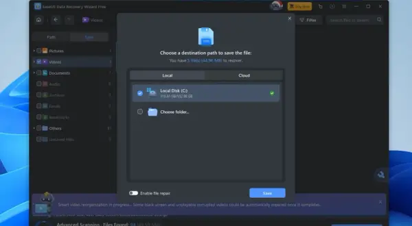 EaseUS Data Recovery Wizard pomaga odzyskać 5 plików. Wybierz lokalizację zapisu, np. Dysk C, aby zakończyć proces.