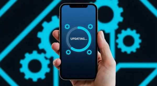 Dłoń trzyma smartfon z ekranem pokazującym postęp aktualizacji do **android 11**. W tle niebieskie koła zębate.