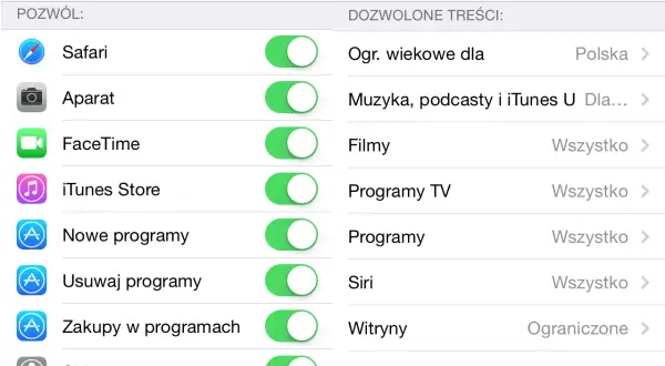 Ustawienia kontroli rodzicielskiej na telefonie: zarządzanie dostępem do aplikacji, treści i funkcji, np. Safari, Aparat, FaceTime, iTunes Store, Siri.