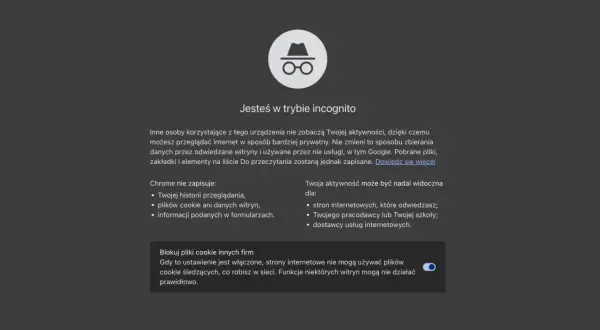 Ikona w okularach i kapeluszu symbolizuje tryb incognito. Przeglądaj prywatnie, ale pamiętaj, że aktywność może być widoczna dla pracodawcy.