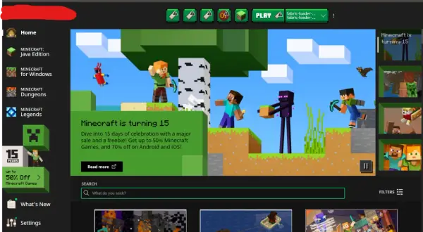 Minecraft launcher z postaciami Steve'a i Alex, świętujący 15 lat gry.