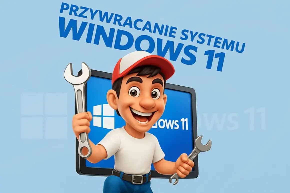 Uśmiechnięty majster z kluczami w rękach, gotowy do przywracania systemu Windows 11.