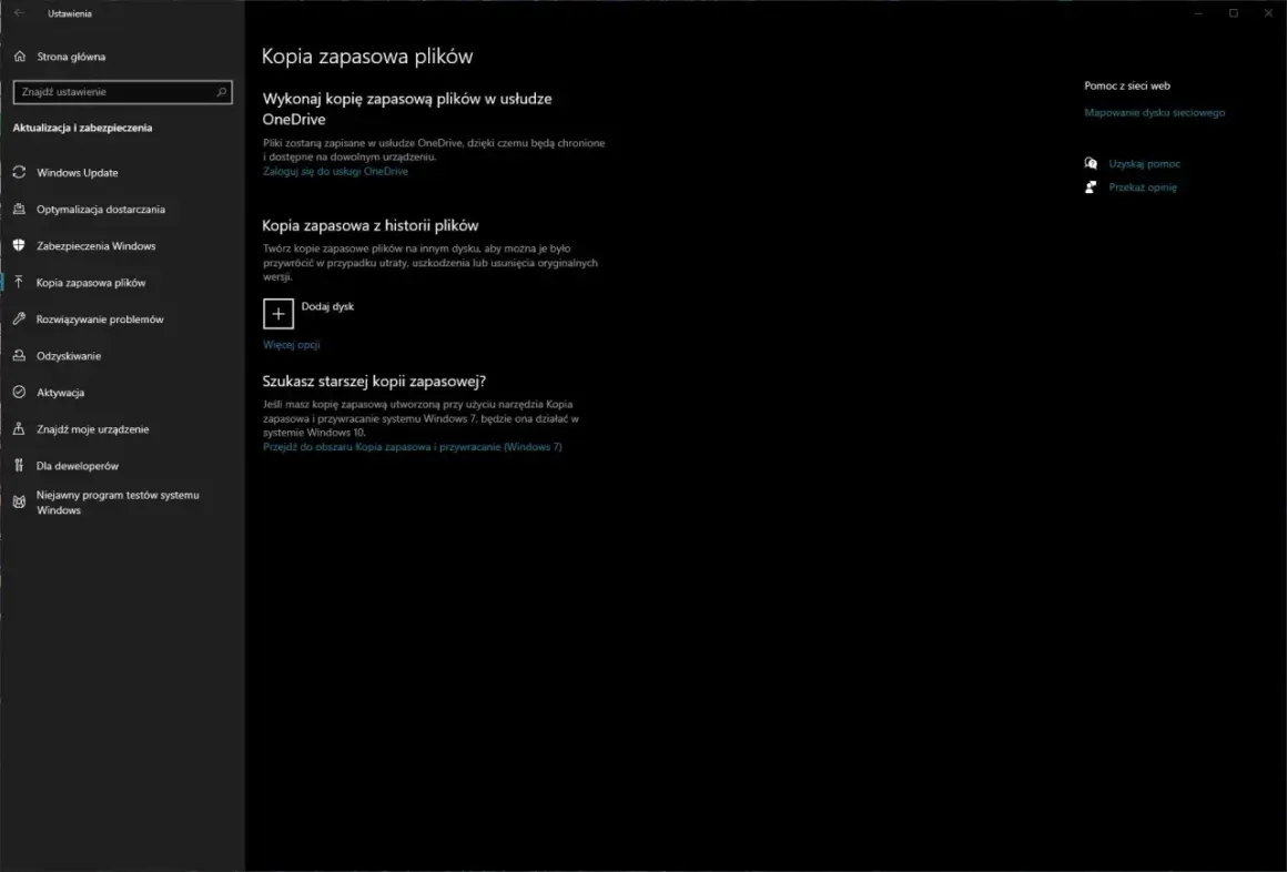 Ustawienia kopii zapasowej plików w Windows 10: tworzenie kopii w OneDrive, dodawanie dysku na historię plików lub szukanie starszych kopii.