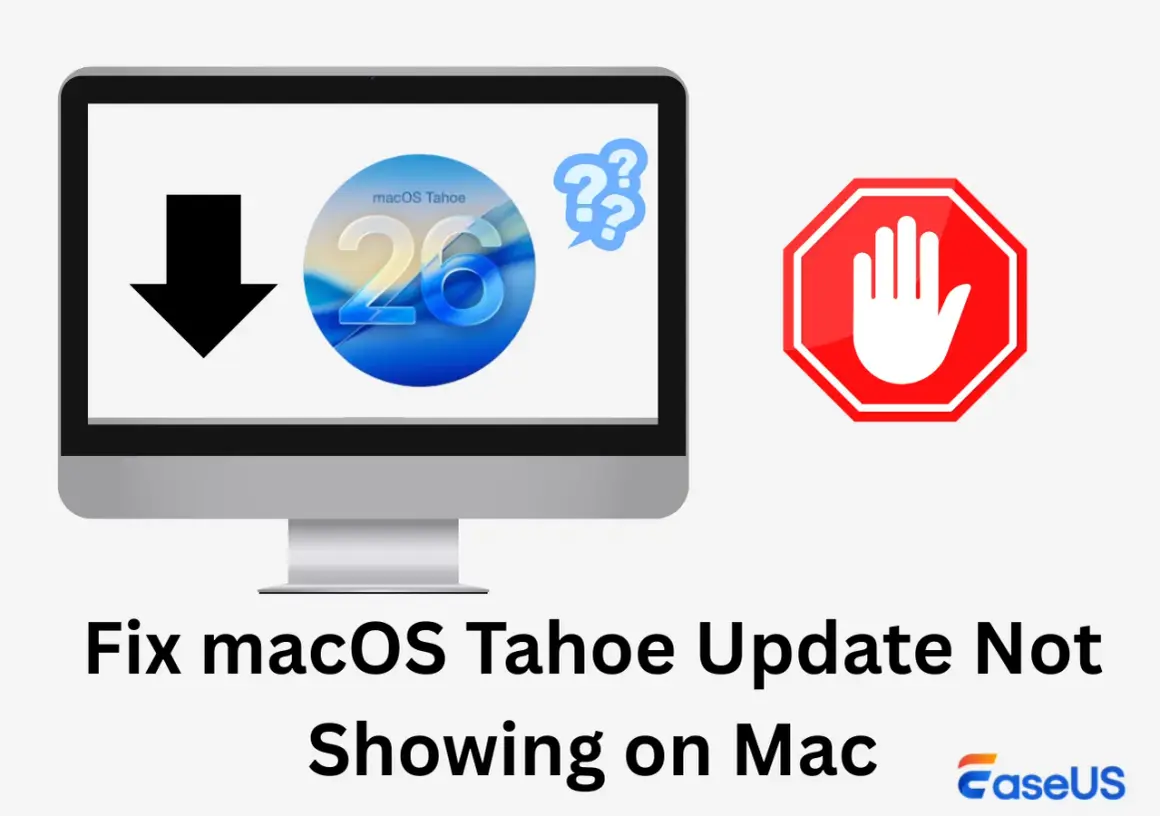 Ikona pobierania i logo macOS Tahoe 26 na ekranie komputera, obok znaku stop. Rozwiąż problem z aktualizacją macOS Tahoe.