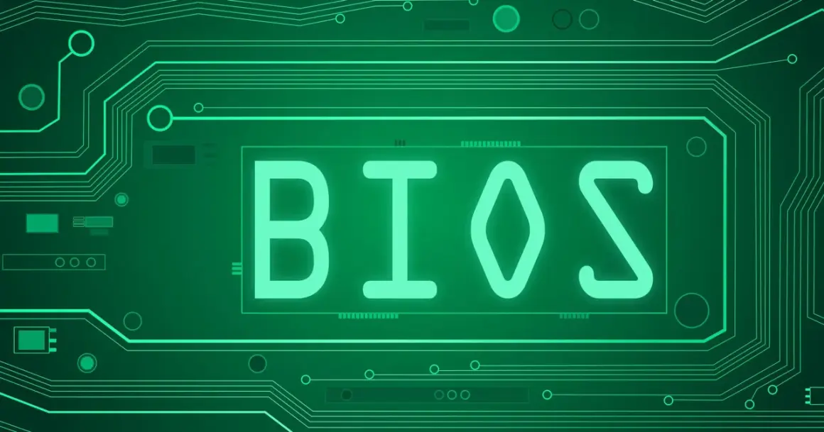 Zielona płyta główna z napisem BIOS. Aktualizacja BIOSu to ważny proces.