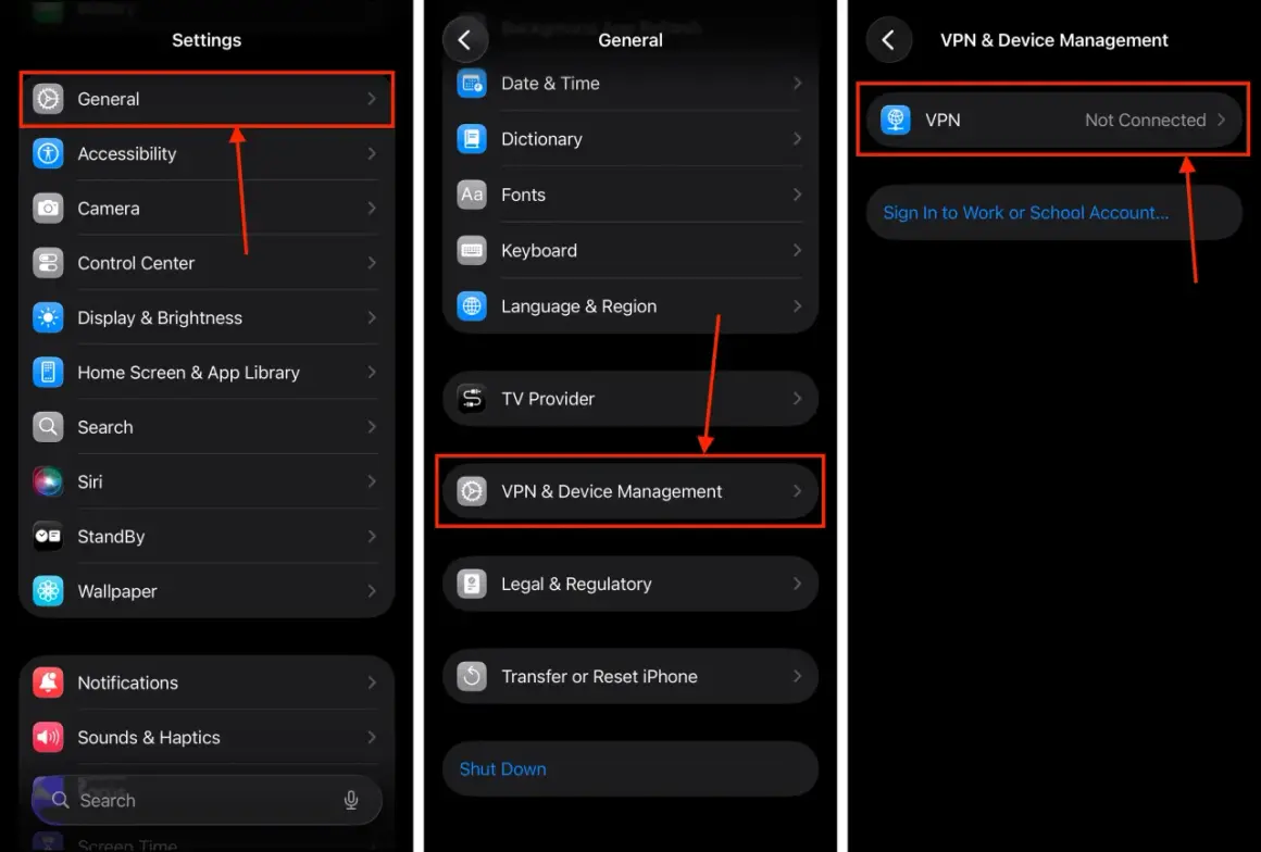 Ekran iPhone z ustawieniami: General, VPN & Device Management. Aktualizacja iPhone może wymagać sprawdzenia tych opcji.