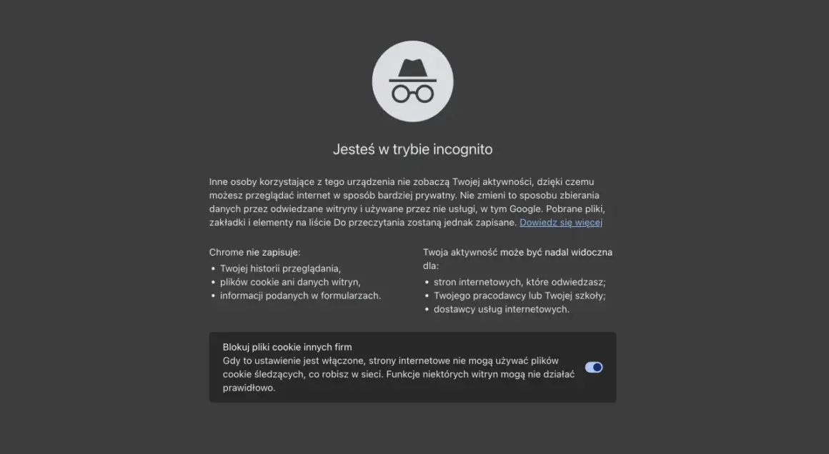 Ikona w okularach i kapeluszu symbolizuje tryb incognito. Przeglądaj prywatnie, ale pamiętaj, że aktywność może być widoczna dla pracodawcy.