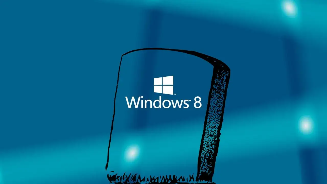 Logo Windows 8 na tle gradientu niebieskiego. Stylizowana, czarna ramka z ornamentami otacza centralny element.