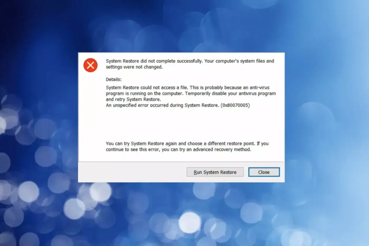 Błąd przywracania systemu Windows 11. Nie można przywrócić systemu z powodu błędu 0x80070005.