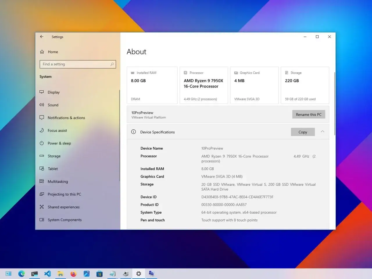 Specyfikacja komputera z Windows 10: procesor AMD Ryzen 9 7950X, 8 GB RAM, 220 GB SSD. Sprawdź wymagania!
