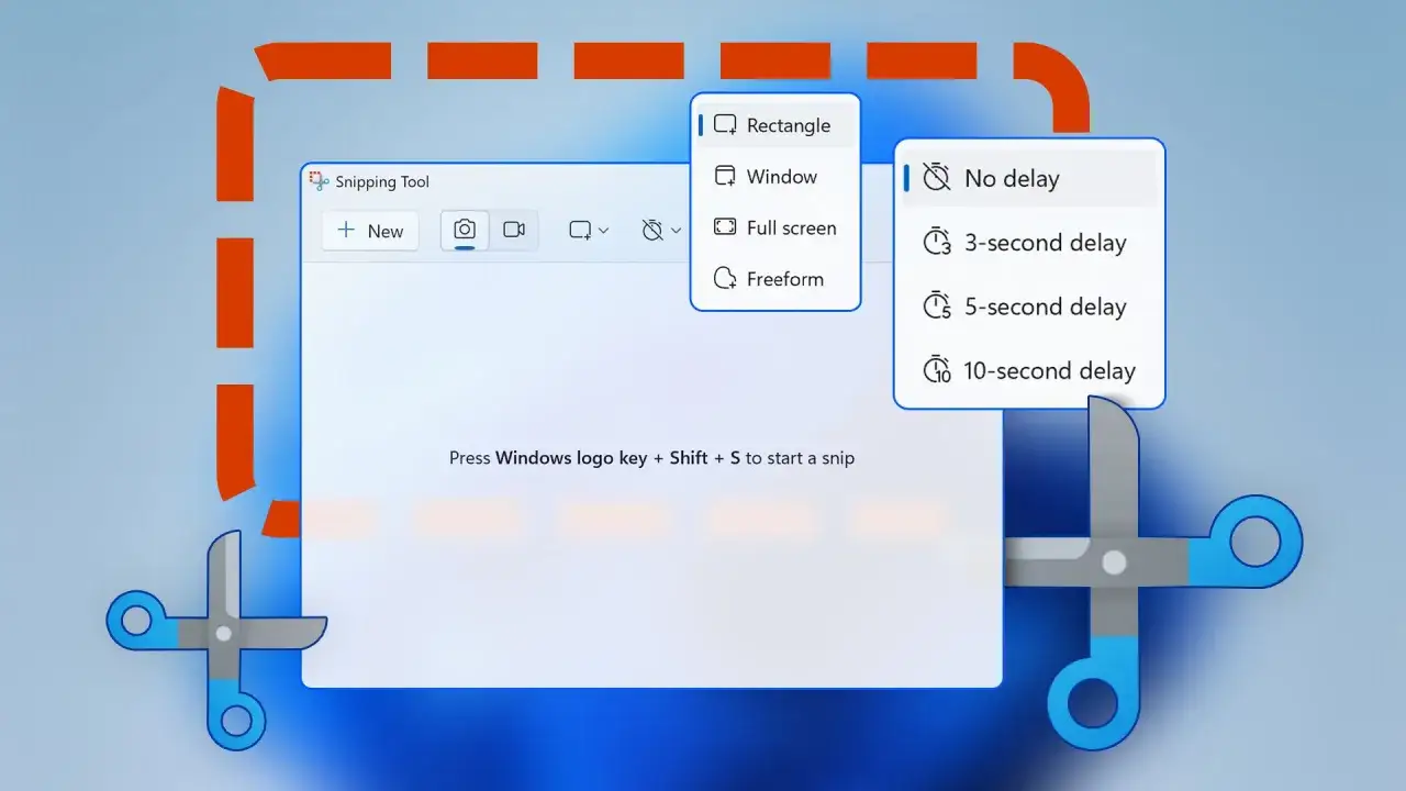 Narzędzie wycinanie Windows 11 pozwala wybrać tryb (prostokąt, okno, pełny ekran, swobodny) i opóźnienie.