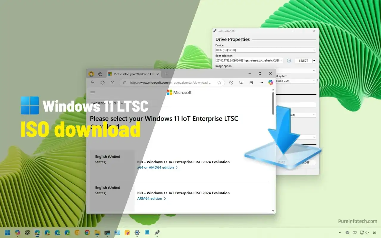 Pobieranie ISO Windows 11 LTSC. Strona Microsoftu oferuje wybór wersji systemu Windows 11 IoT Enterprise LTSC do pobrania.