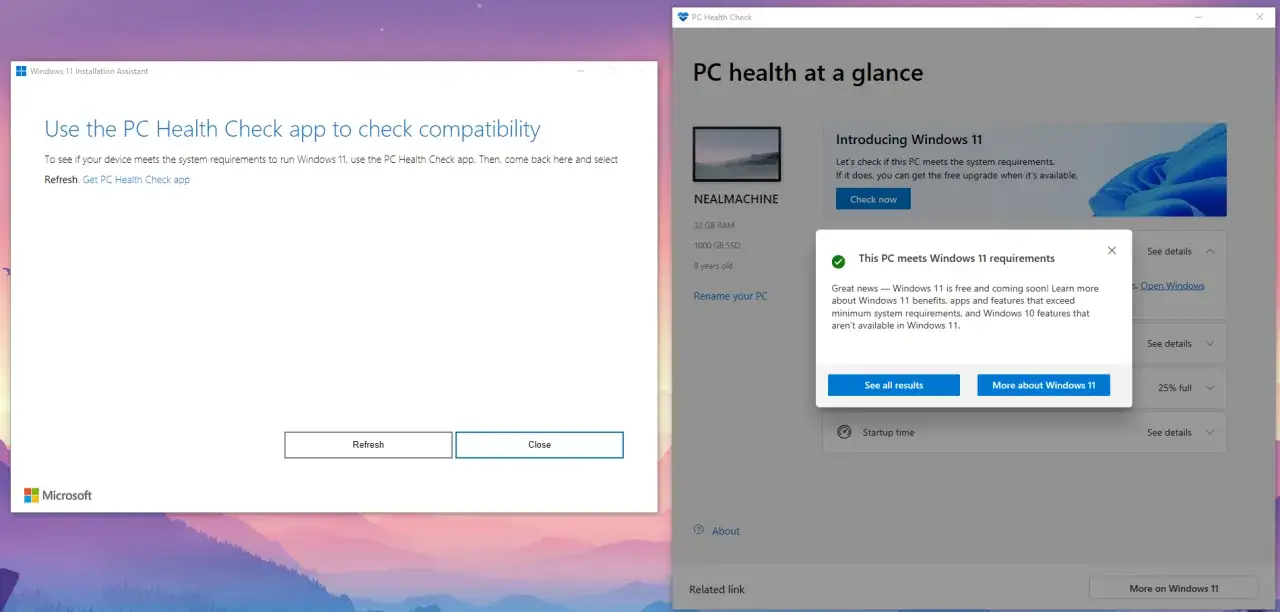Asystent instalacji systemu Windows 11 informuje o zgodności PC. Aplikacja PC Health Check potwierdza spełnienie wymagań.