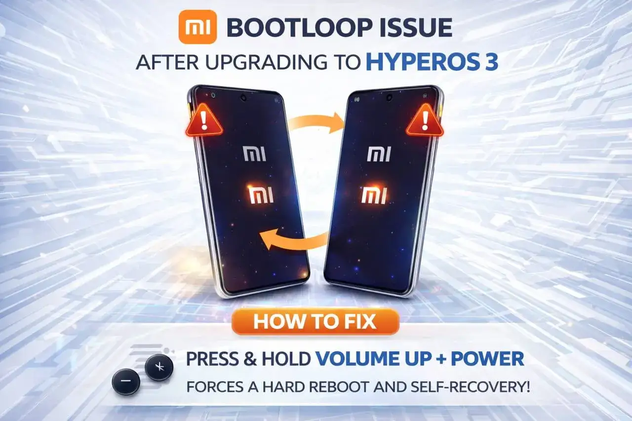 Problem z pętlą rozruchową po aktualizacji do HyperOS 3. Naciśnij i przytrzymaj głośność + zasilanie, aby wymusić twardy restart.