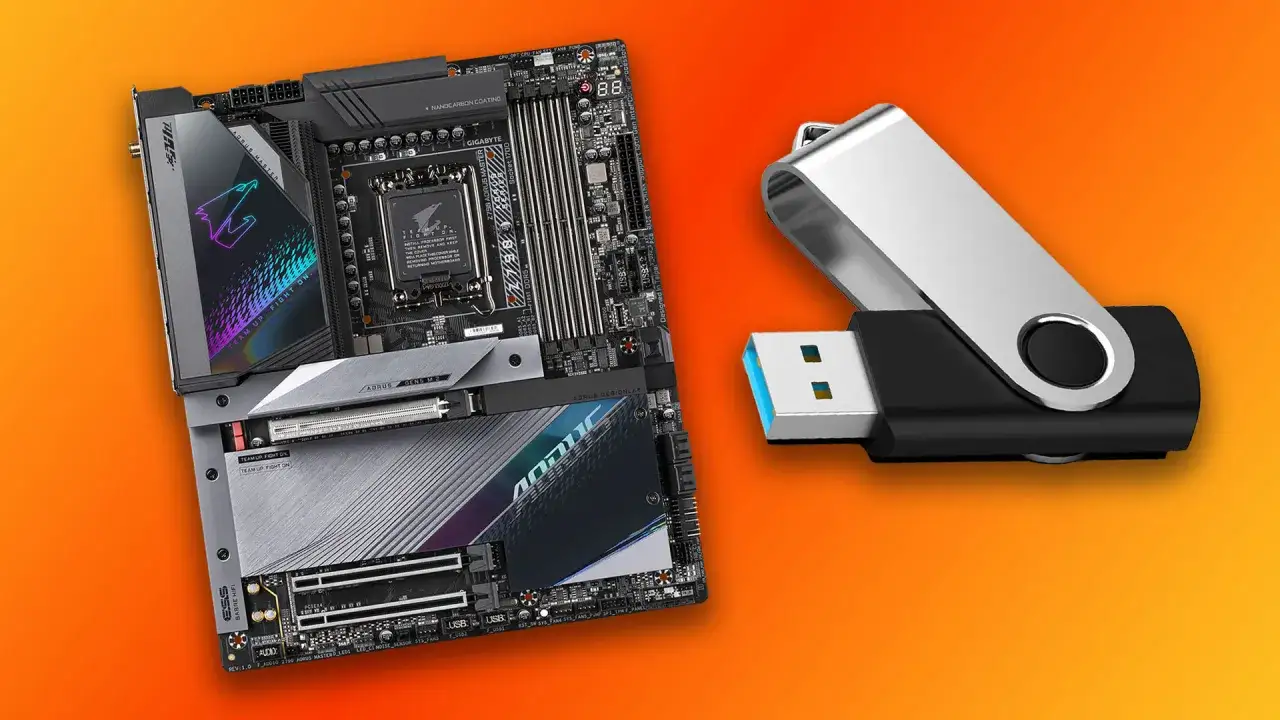 Płyta główna AORUS i pendrive, gotowe do aktualizacji BIOSu.