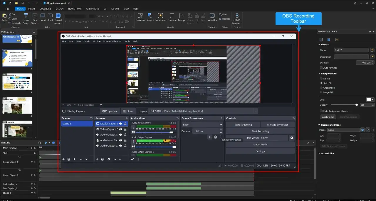 Nagrywanie ekranu Windows 11 w OBS. Widok panelu sterowania z ustawieniami scen, źródeł i miksera audio.