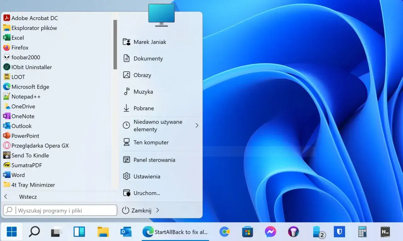 Menu Start Windows 11 z listą programów, folderów i opcją 