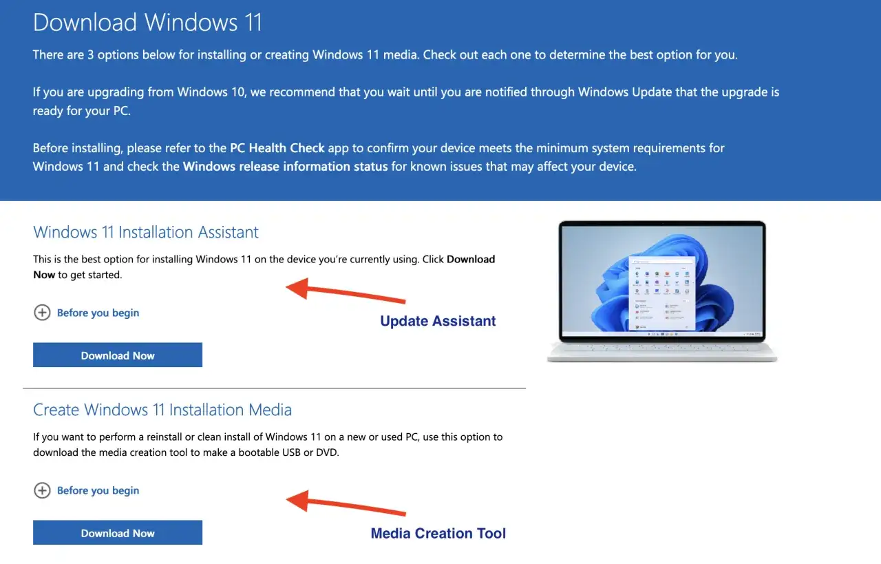 Strona pobierania Windows 11 z opcjami instalacji i tworzenia nośnika. Widoczny laptop z interfejsem win11.