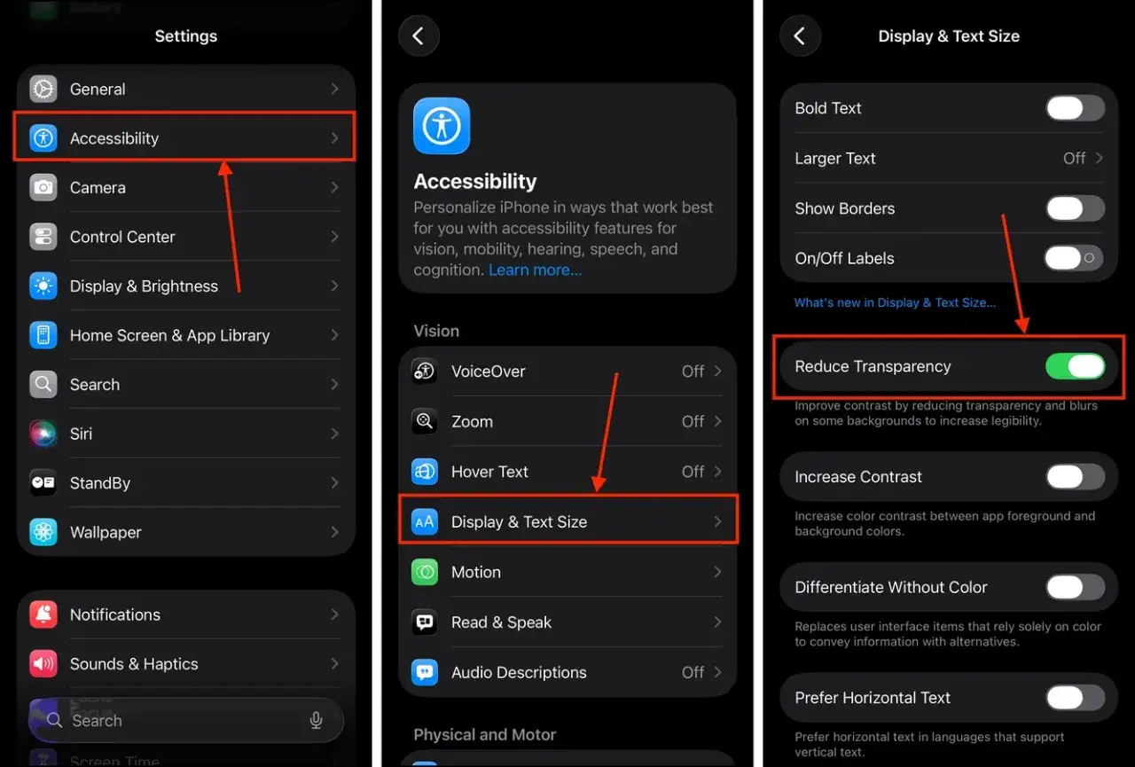 Ustawienia iPhone: Dostępność > Wyświetlacz i rozmiar tekstu > Zmniejsz przezroczystość. Aktualizacja iPhone ułatwia czytanie.