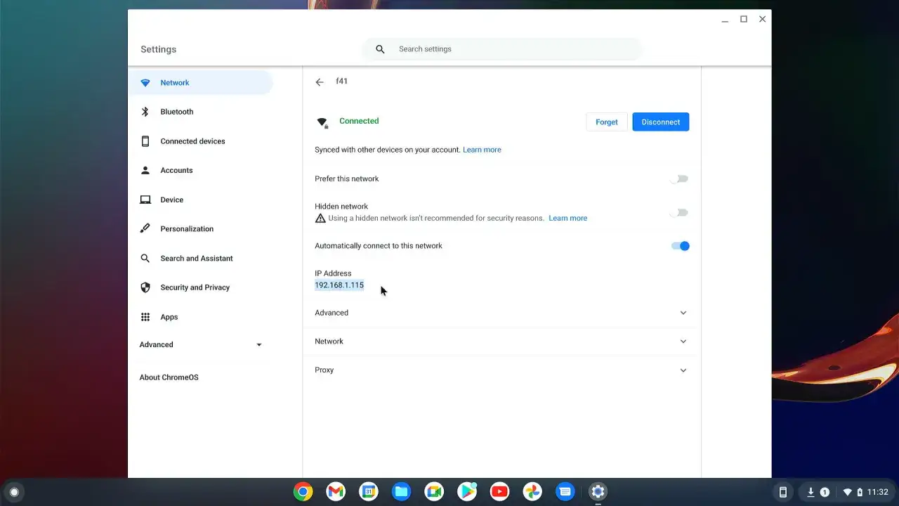 Ustawienia sieci w Chrome OS Flex pokazują adres IP 192.168.1.115.