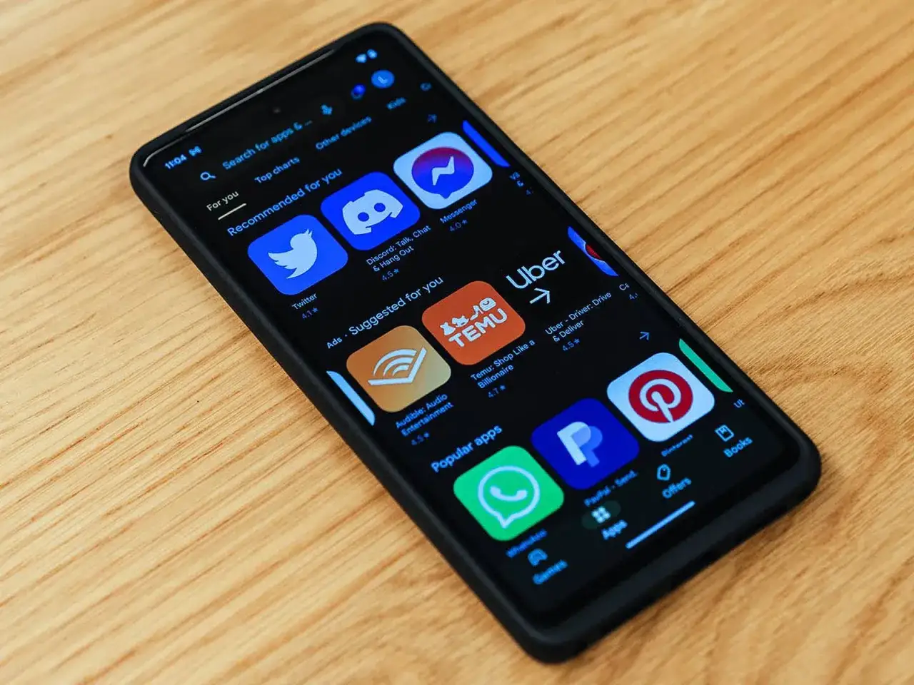 Smartfon z ciemnym motywem Sklep Play, wyświetlający rekomendowane aplikacje jak Twitter, Discord, Messenger, Temu i Uber.