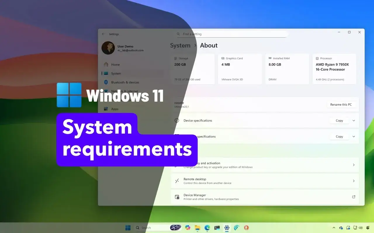 Jak sprawdzić czy komputer spełnia wymagania Windows 11? Widok ustawień systemu z informacjami o procesorze, RAM i karcie graficznej.
